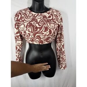 Wild Fable Crop Top L Brown White Floral Psychedelic Retro 70s Backless Boho